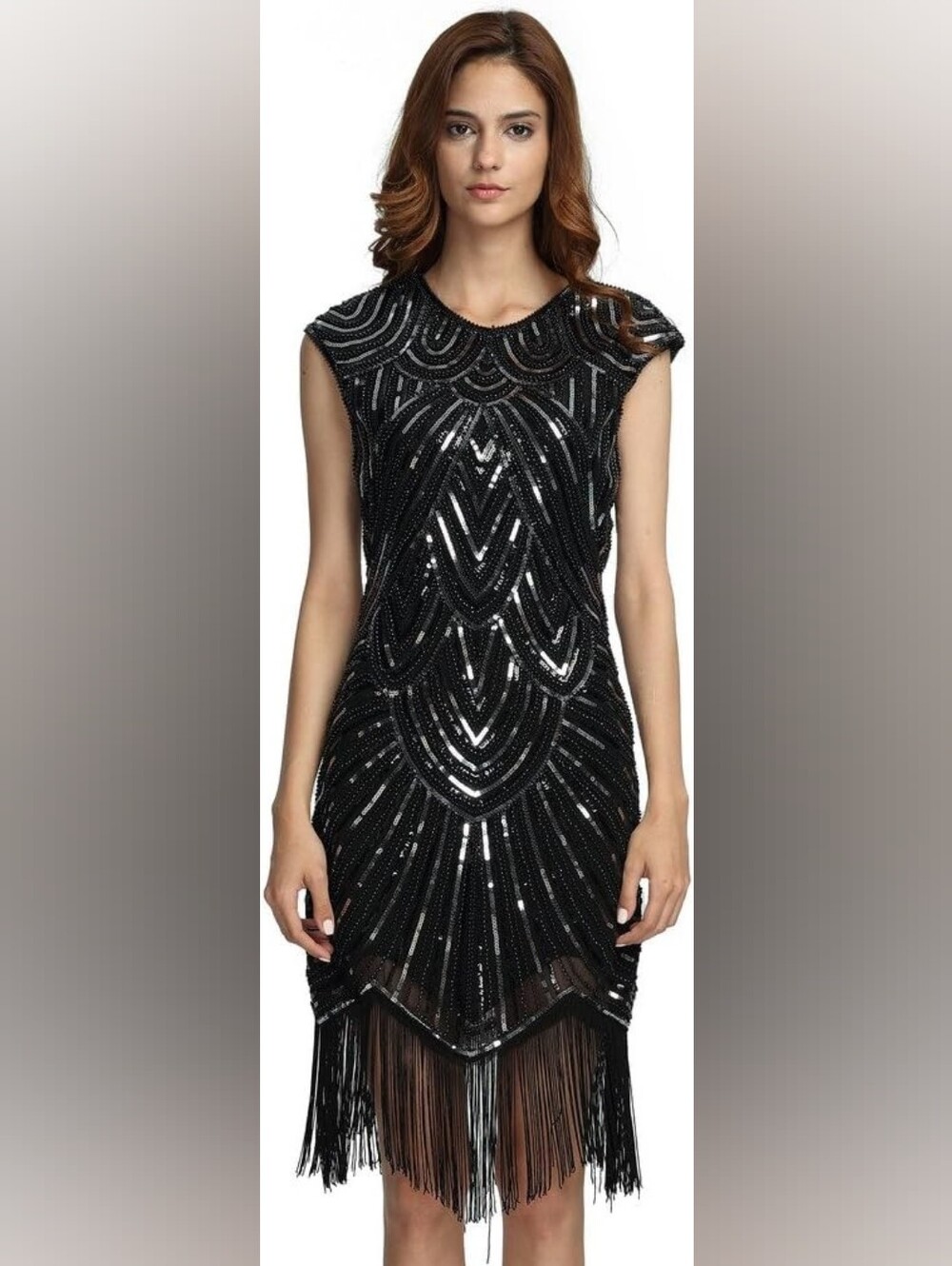 Black Beaded Sequin Prom Dress with Art Deco Detailing